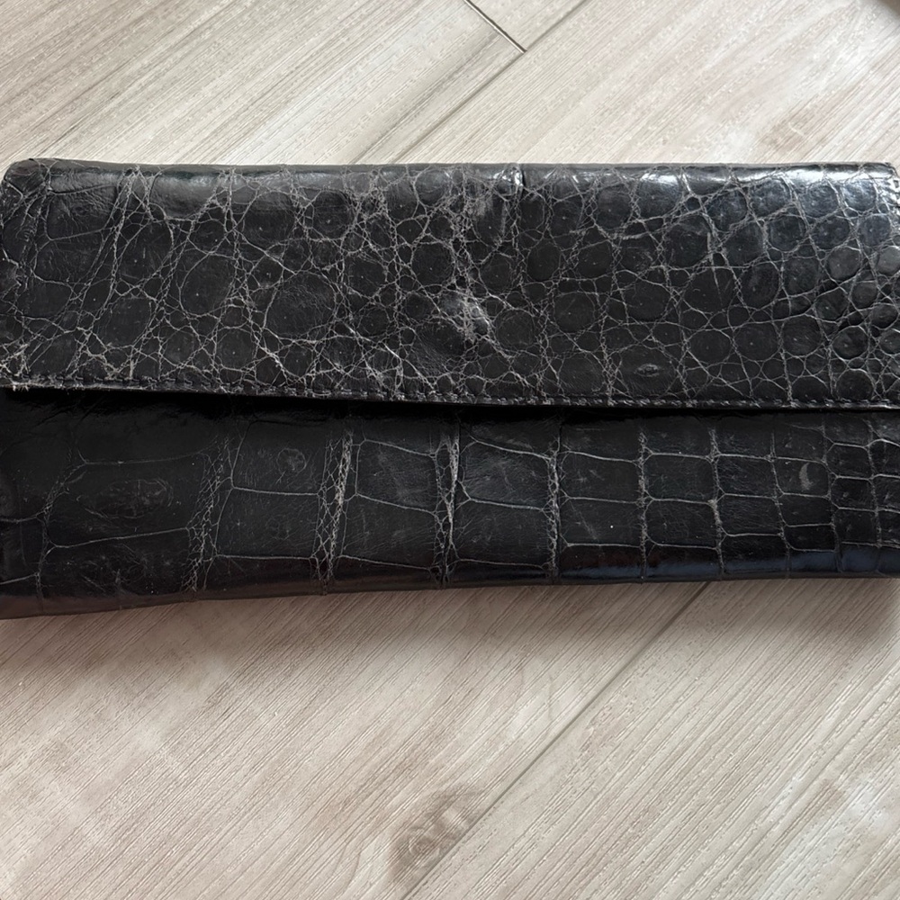 Vintage Long Slim Black Crocodile Embossed Leather Clutch Wallet Or Small Purse